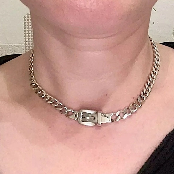 Belt Buckle Sterling Silver Cuban Chain Link Choker Necklace - Picture 8 of 10